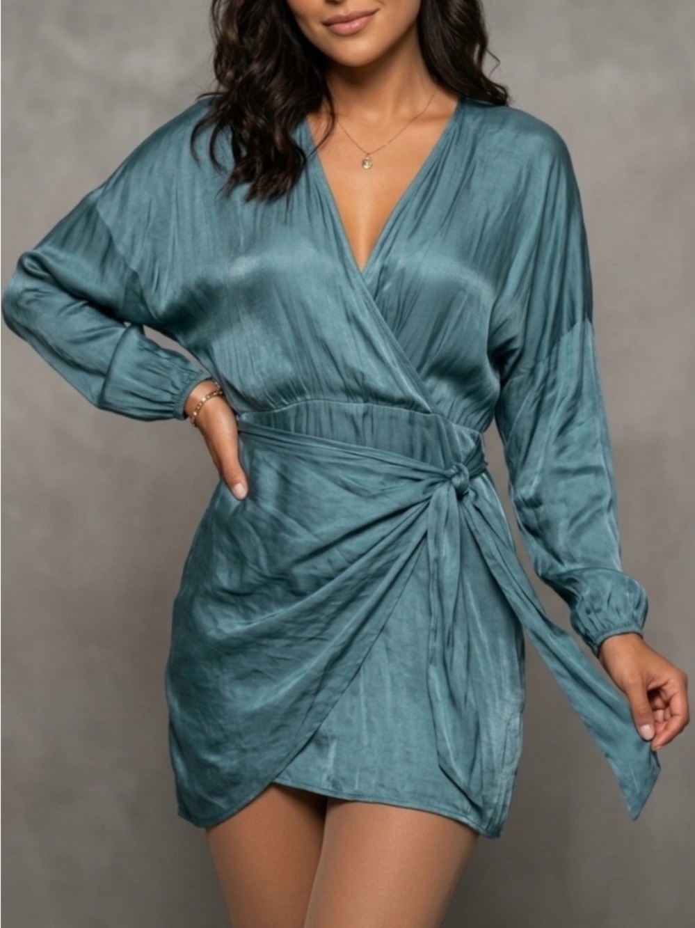 ZARA mini dress small teal satin wraps with long sleeves side tie going out city